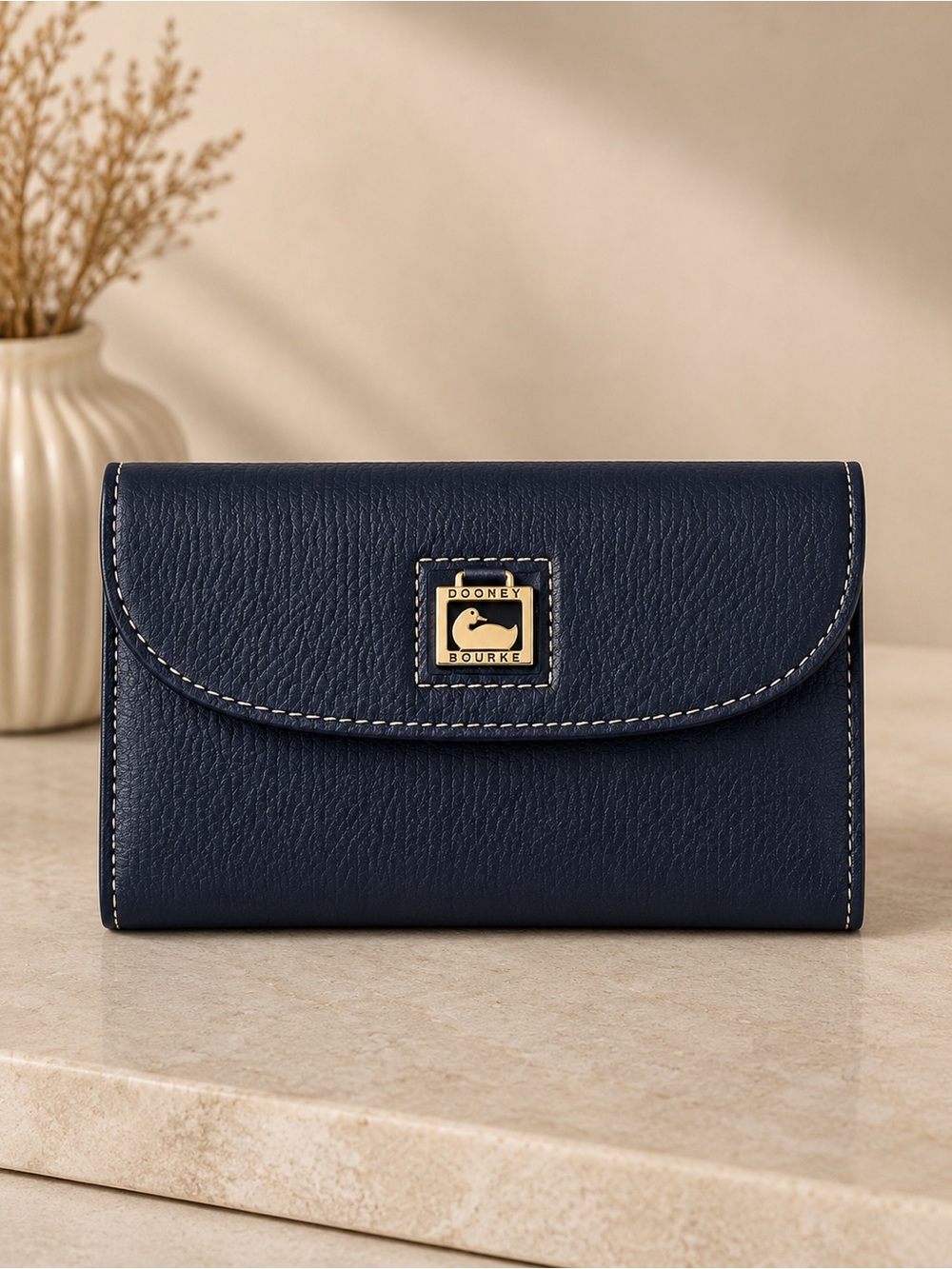 Dooney & Bourke Navy Pebbled Leather Continental Wallet Clutch Gold Logo